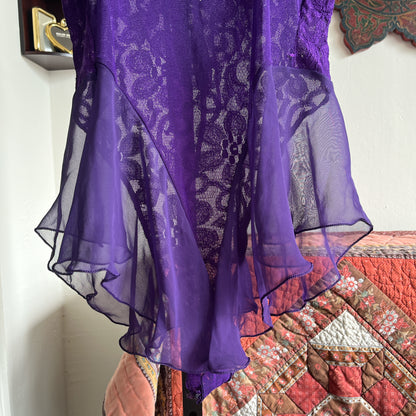 Vintage Shirley Purple Lace and Chiffon Stretch Leotard Bodysuit w Two Satin Ribbon Ties Ⓜ⃝