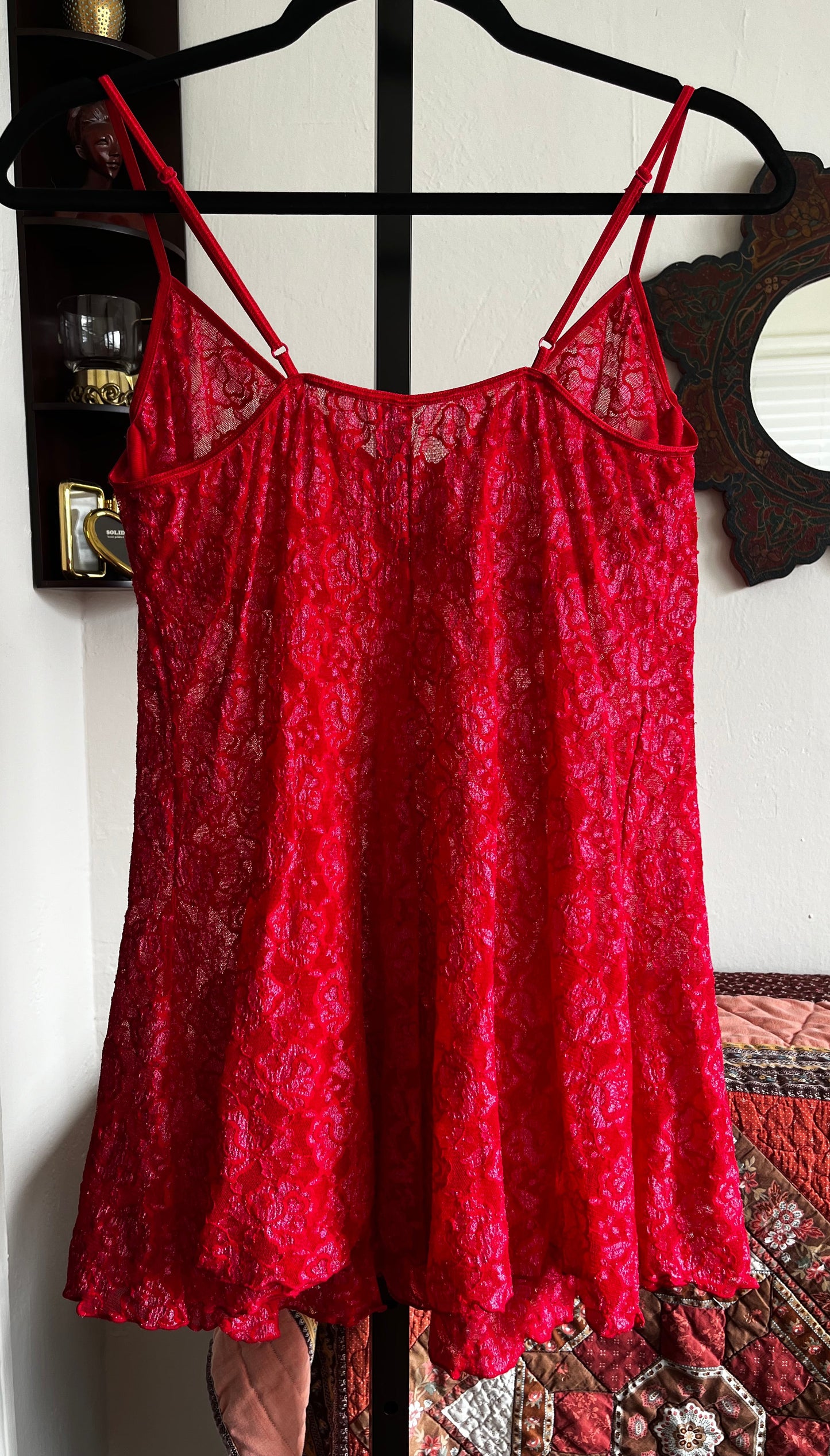 Modern Mini Red and Pink Semi-Sheer Stretch Slip Dress ⓢ