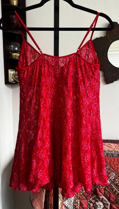 Modern Mini Red and Pink Semi-Sheer Stretch Slip Dress ⓢ