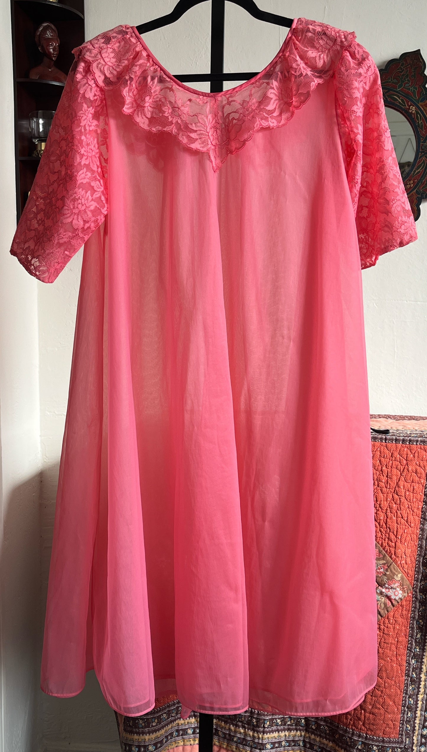 Vintage Vanity Fair Salmon Sheer Nylon Puff Sleeve Bed Jacket Nightgown Robe Ⓛ