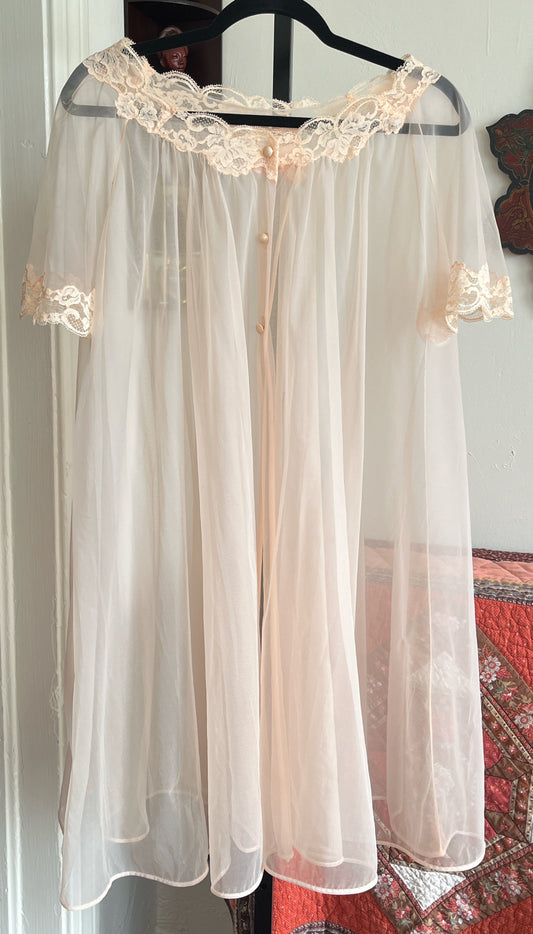 Vintage Peachy Sheer Nylon Puff Nightgown  Robe w Satin Buttons and Lace Trim ⓍⓁ