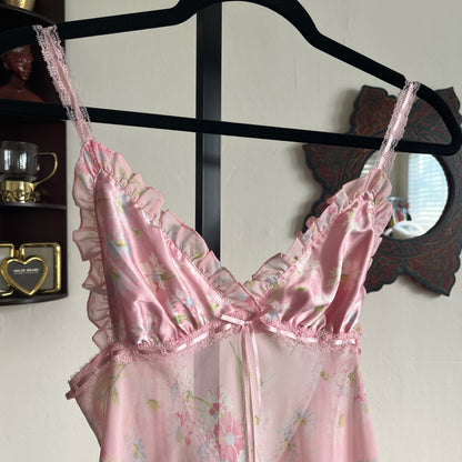 Victoria Secret Pink Floral Babydoll Slip Dress w Ribbon Lace and Ruffle Trim ⓧⓢ