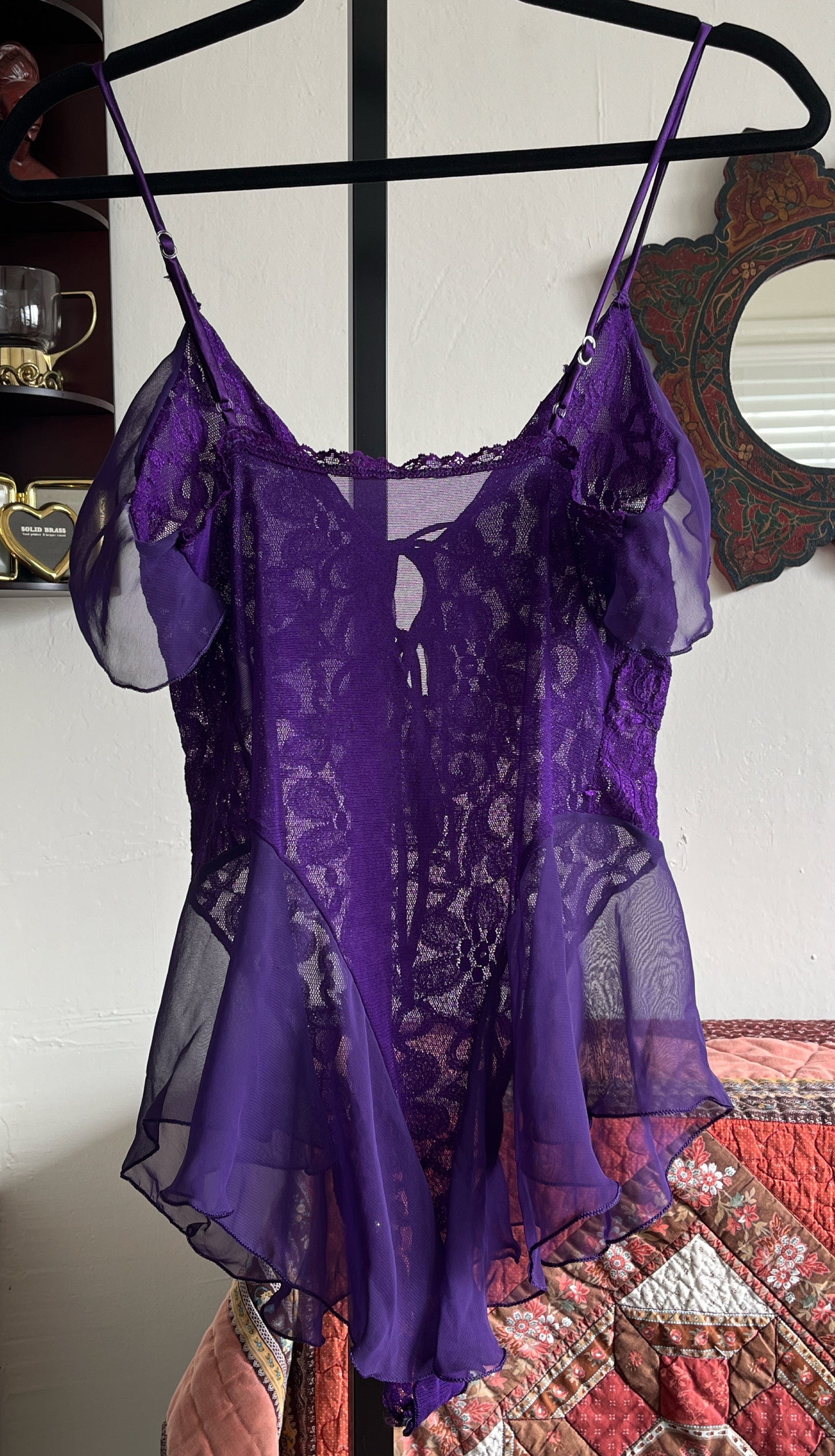 Vintage Shirley Purple Lace and Chiffon Stretch Leotard Bodysuit w Two Satin Ribbon Ties Ⓜ⃝