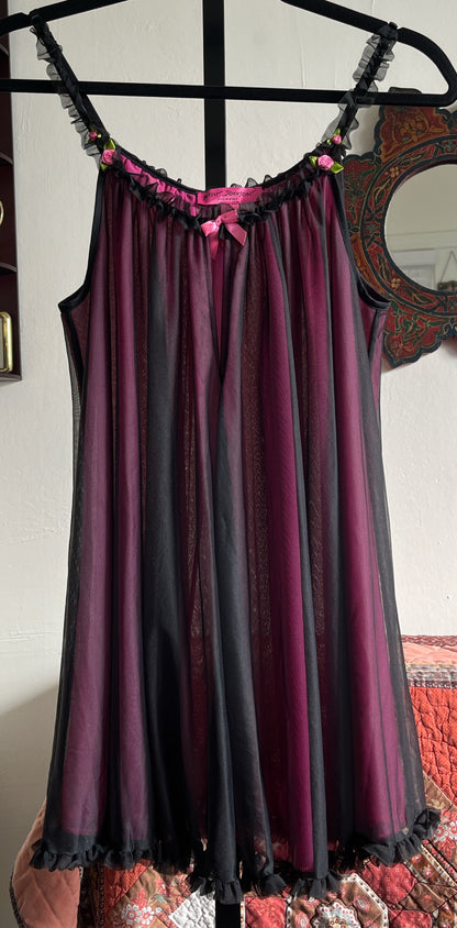 Vintage Betsey Johnson Hot Pink Rose and Black Ruffle Trim Nylon Slip Dress Ⓜ⃝