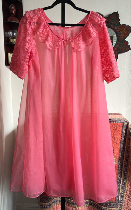 Vintage Vanity Fair Salmon Sheer Nylon Puff Sleeve Bed Jacket Nightgown Robe Ⓛ
