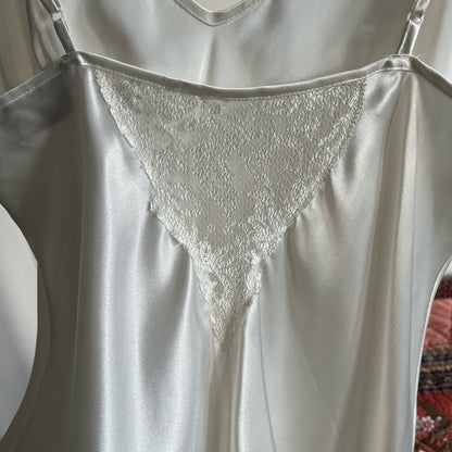 Vintage Gold Tag Victoria Secret White Satin Mini Slip Lingerie Dress w Lace Godets Ⓜ⃝