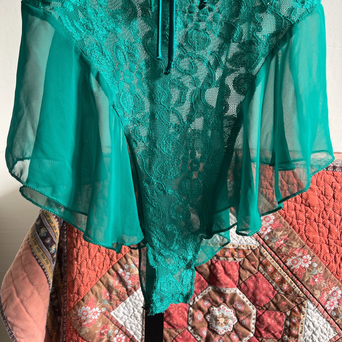 Vintage Shirley Green Lace and Chiffon Stretch Leotard Bodysuit w Two Satin Ribbon Ties Ⓜ⃝
