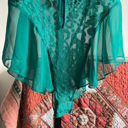 Vintage Shirley Green Lace and Chiffon Stretch Leotard Bodysuit w Two Satin Ribbon Ties Ⓜ⃝