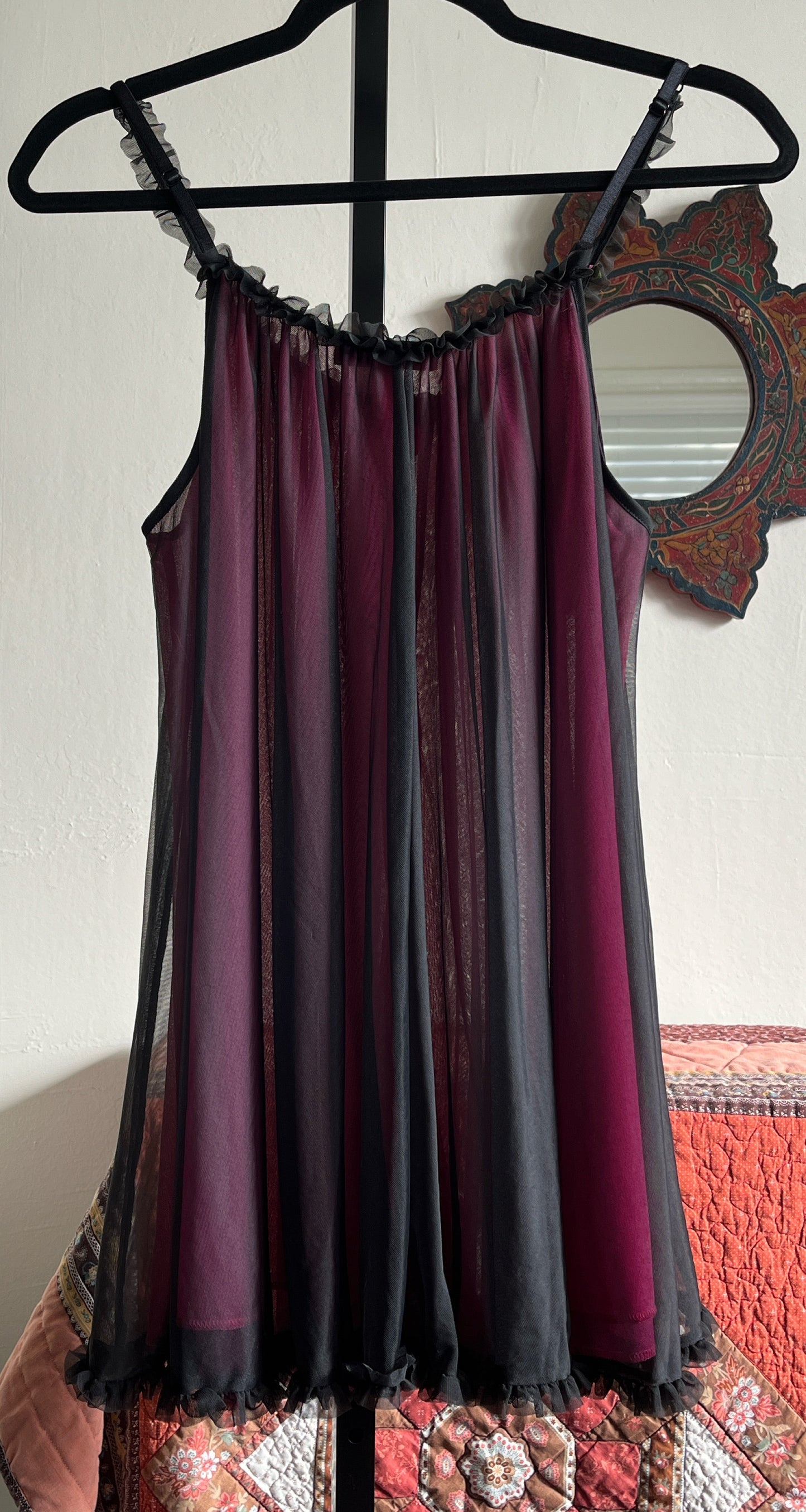 Vintage Betsey Johnson Hot Pink Rose and Black Ruffle Trim Nylon Slip Dress Ⓜ⃝