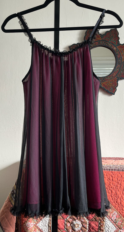 Vintage Betsey Johnson Hot Pink Rose and Black Ruffle Trim Nylon Slip Dress Ⓜ⃝