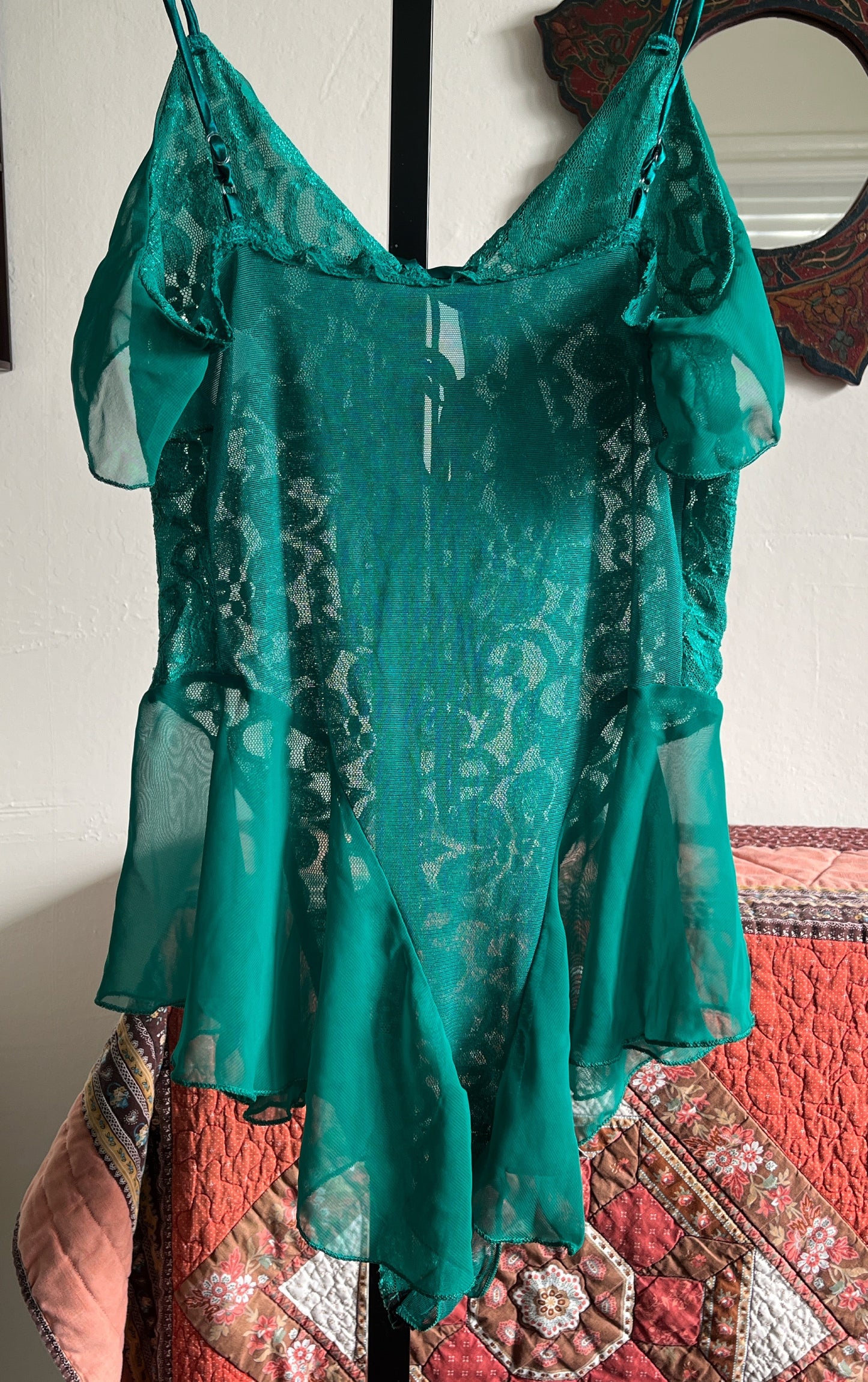 Vintage Shirley Green Lace and Chiffon Stretch Leotard Bodysuit w Two Satin Ribbon Ties Ⓜ⃝