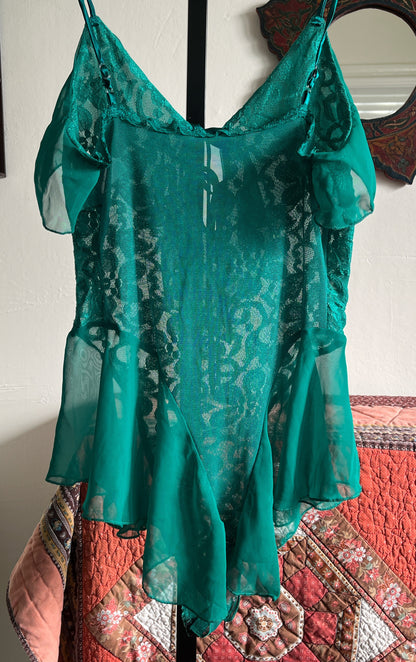 Vintage Shirley Green Lace and Chiffon Stretch Leotard Bodysuit w Two Satin Ribbon Ties Ⓜ⃝