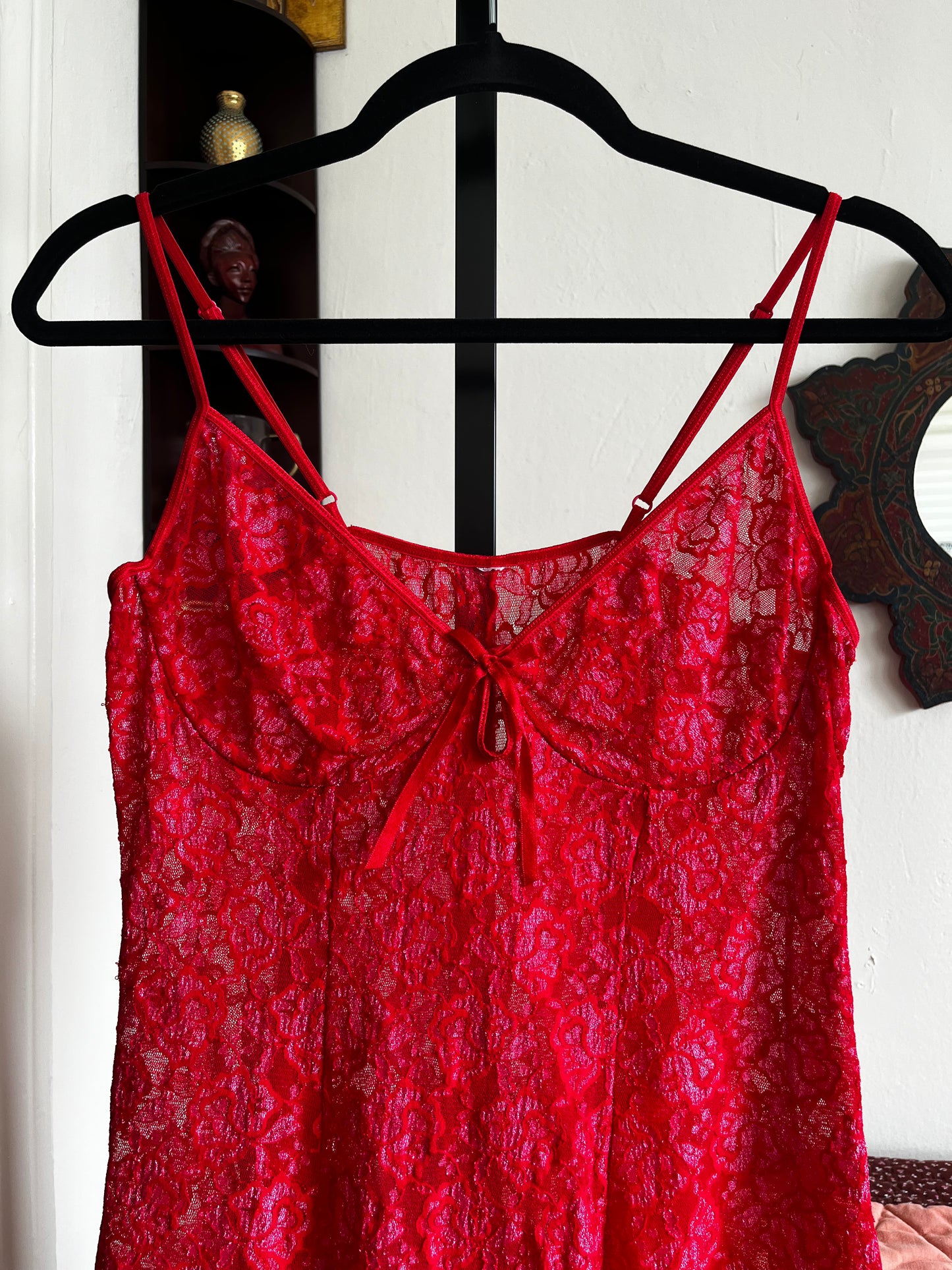 Modern Mini Red and Pink Semi-Sheer Stretch Slip Dress ⓢ