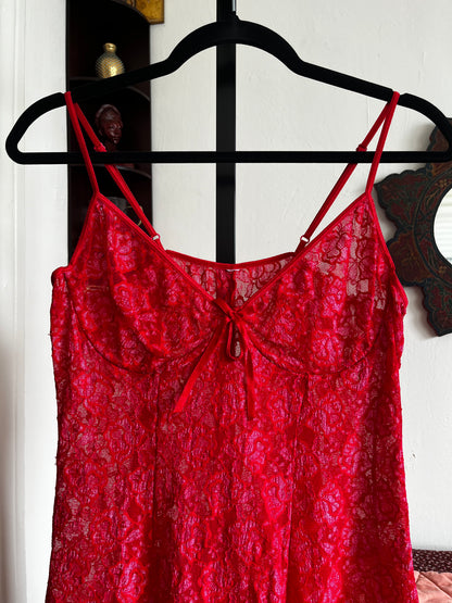 Modern Mini Red and Pink Semi-Sheer Stretch Slip Dress ⓢ