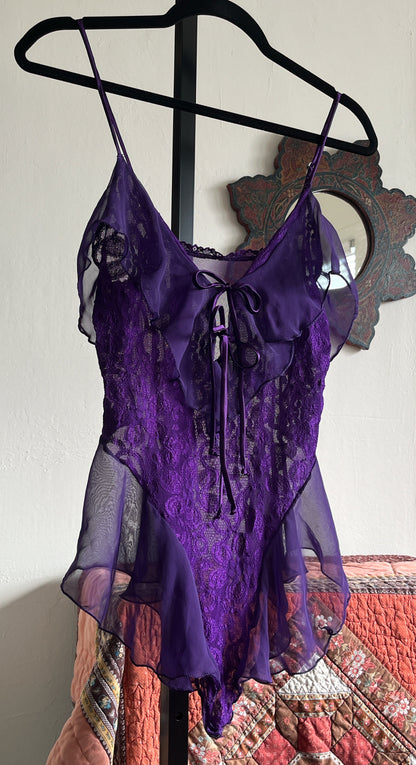 Vintage Shirley Purple Lace and Chiffon Stretch Leotard Bodysuit w Two Satin Ribbon Ties Ⓜ⃝