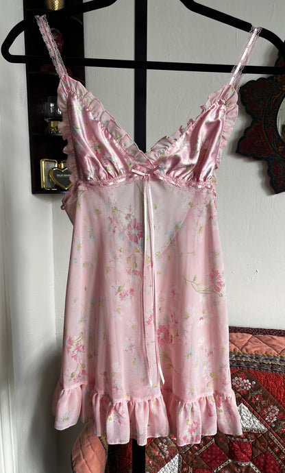 Victoria Secret Pink Floral Babydoll Slip Dress w Ribbon Lace and Ruffle Trim ⓧⓢ