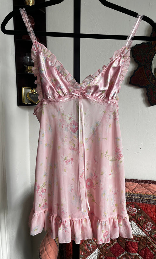Victoria Secret Pink Floral Babydoll Slip Dress w Ribbon Lace and Ruffle Trim ⓧⓢ