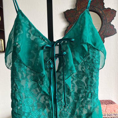 Vintage Shirley Green Lace and Chiffon Stretch Leotard Bodysuit w Two Satin Ribbon Ties Ⓜ⃝