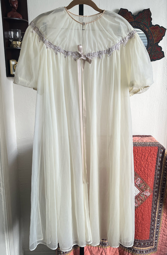 Vintage Seamprufe Beige Puff Sleeve Night Gown Robe w Ribbon Embroidery and Satin Tie Ⓛ
