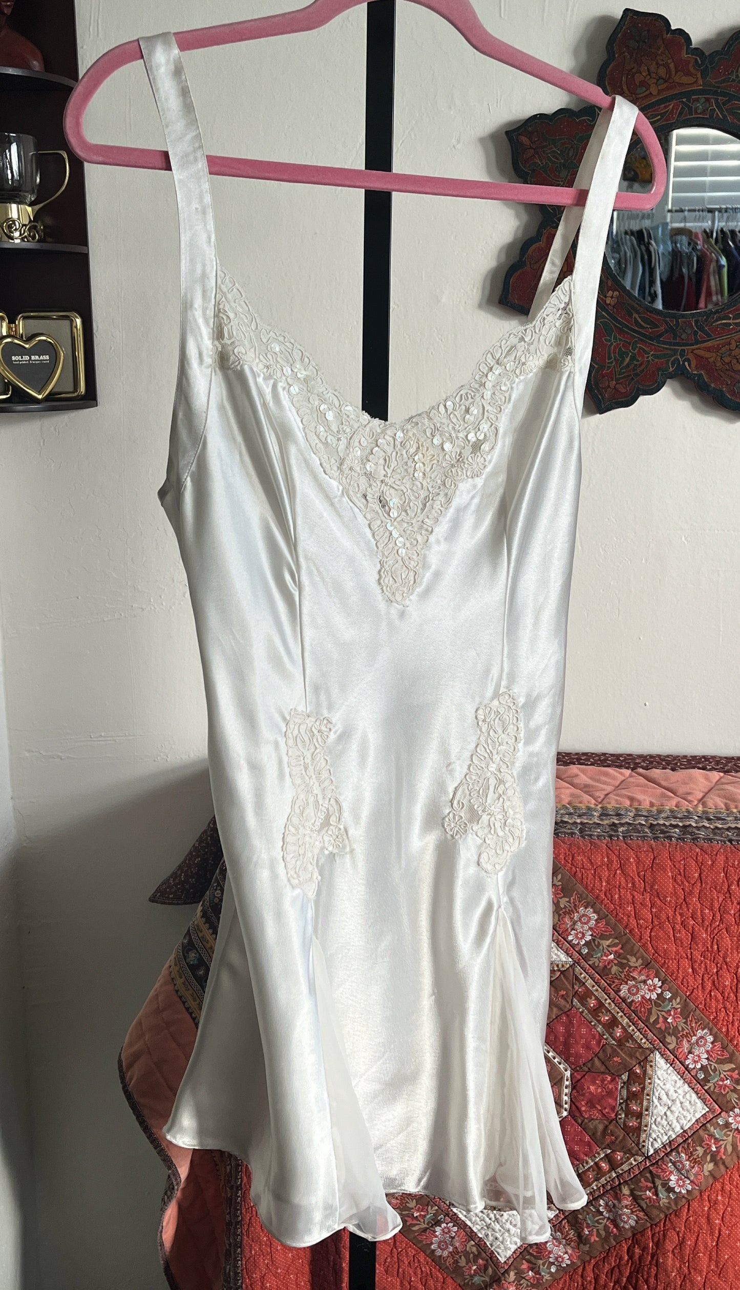 Victoria Secret Satin and Sequined Lace Mini Slip Dress w Sheer Chiffon Godets ⓢ