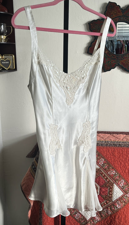 Victoria Secret Satin and Sequined Lace Mini Slip Dress w Sheer Chiffon Godets ⓢ