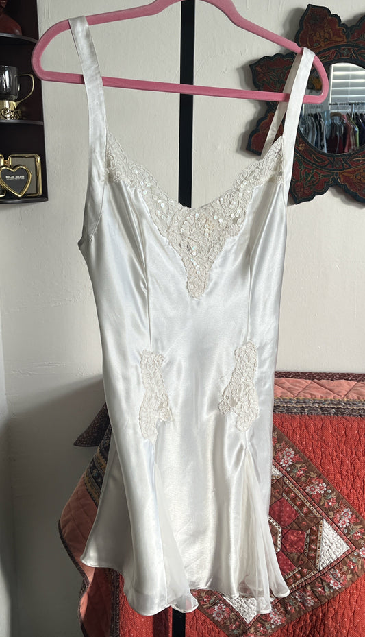 Victoria Secret Satin and Sequined Lace Mini Slip Dress w Sheer Chiffon Godets ⓢ