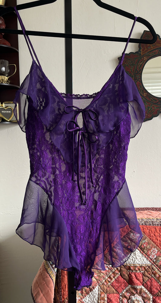 Vintage Shirley Purple Lace and Chiffon Stretch Leotard Bodysuit w Two Satin Ribbon Ties Ⓜ⃝