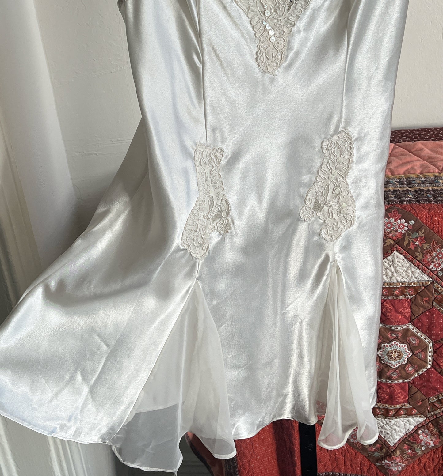 Victoria Secret Satin and Sequined Lace Mini Slip Dress w Sheer Chiffon Godets ⓢ