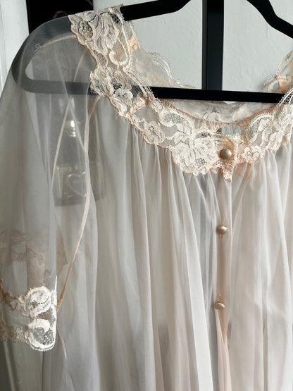 Vintage Peachy Sheer Nylon Puff Nightgown  Robe w Satin Buttons and Lace Trim ⓍⓁ