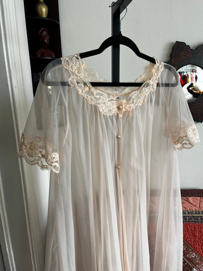 Vintage Peachy Sheer Nylon Puff Nightgown  Robe w Satin Buttons and Lace Trim ⓍⓁ