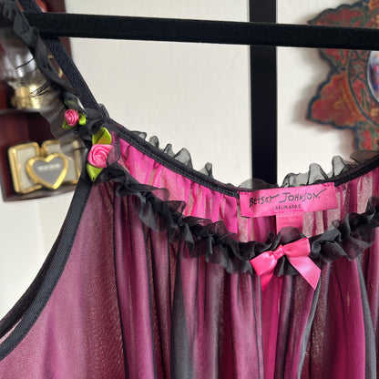 Vintage Betsey Johnson Hot Pink Rose and Black Ruffle Trim Nylon Slip Dress Ⓜ⃝