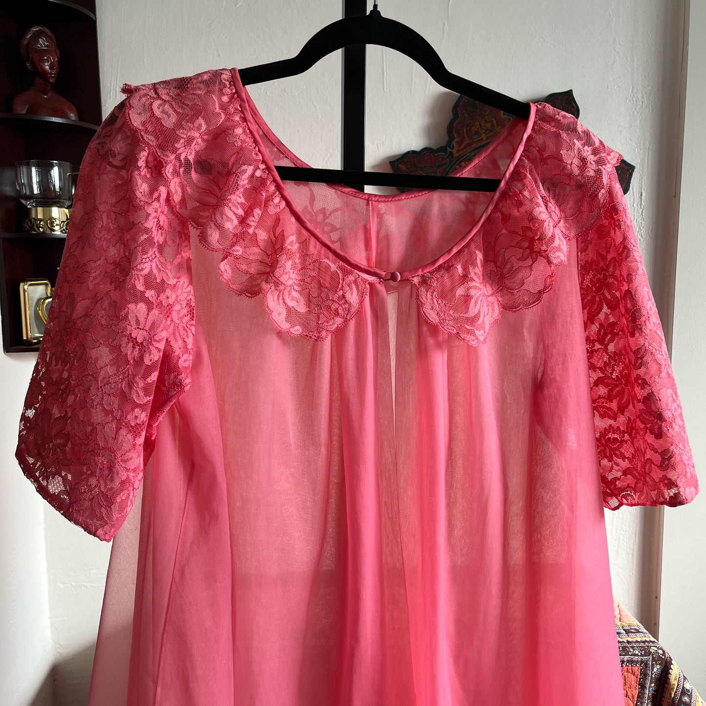 Vintage Vanity Fair Salmon Sheer Nylon Puff Sleeve Bed Jacket Nightgown Robe Ⓛ