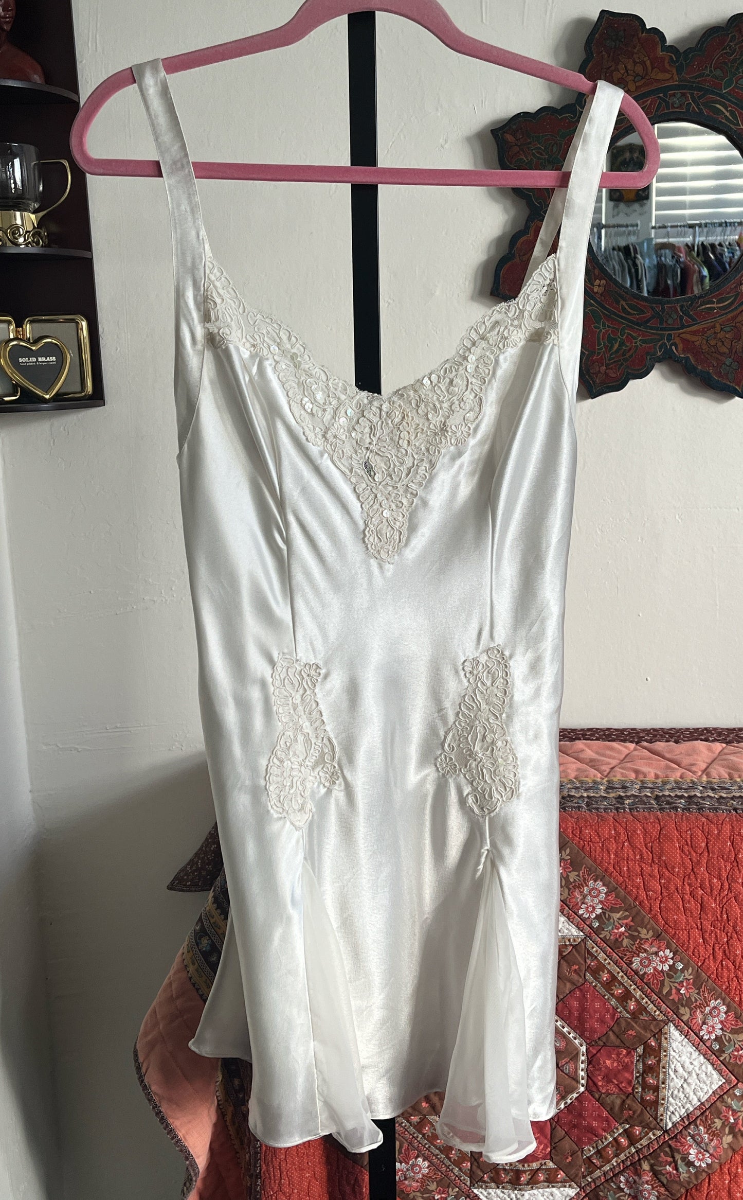 Victoria Secret Satin and Sequined Lace Mini Slip Dress w Sheer Chiffon Godets ⓢ