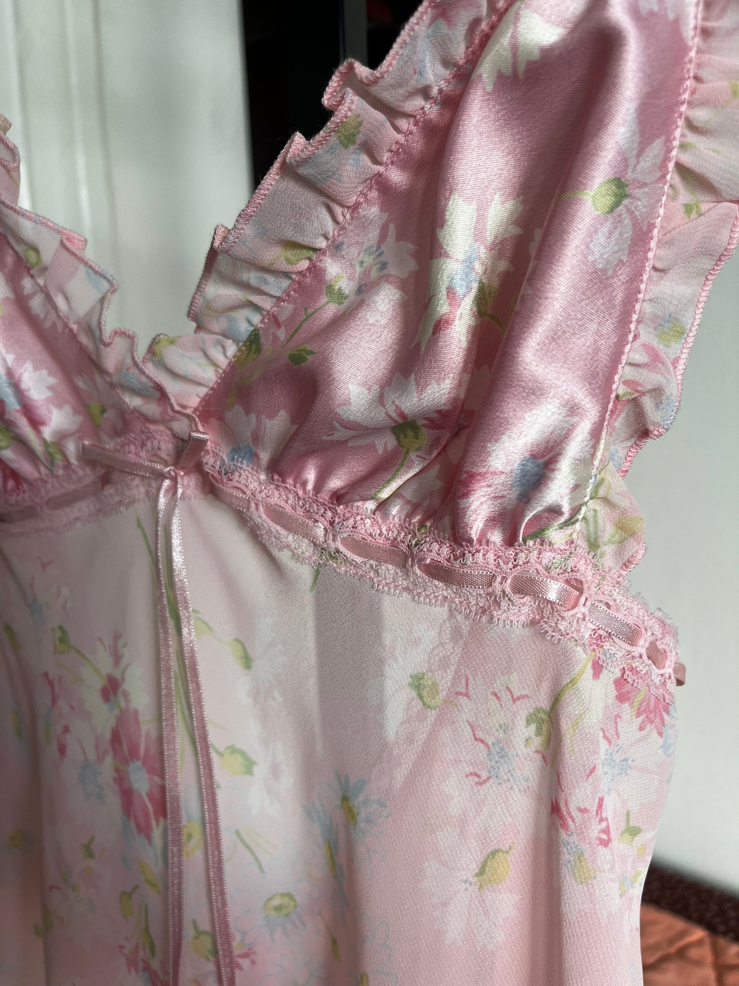 Victoria Secret Pink Floral Babydoll Slip Dress w Ribbon Lace and Ruffle Trim ⓧⓢ