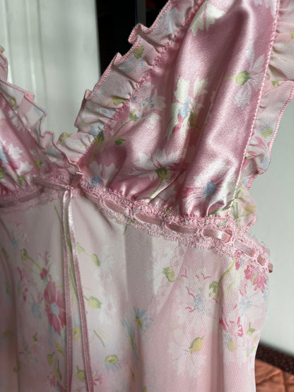 Victoria Secret Pink Floral Babydoll Slip Dress w Ribbon Lace and Ruffle Trim ⓧⓢ