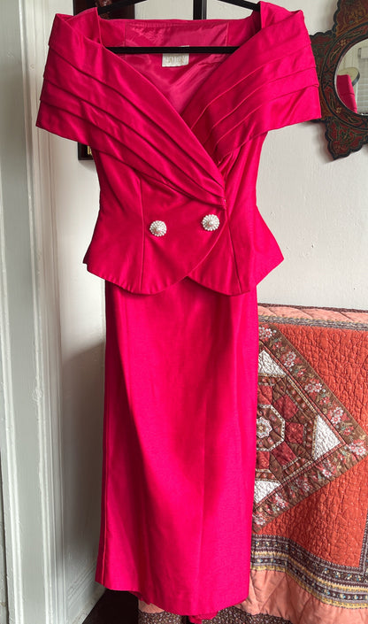 Vintage Watters Watters 80s Powersuit in Hot Pink w Faux Pearl Buttons Ⓢ