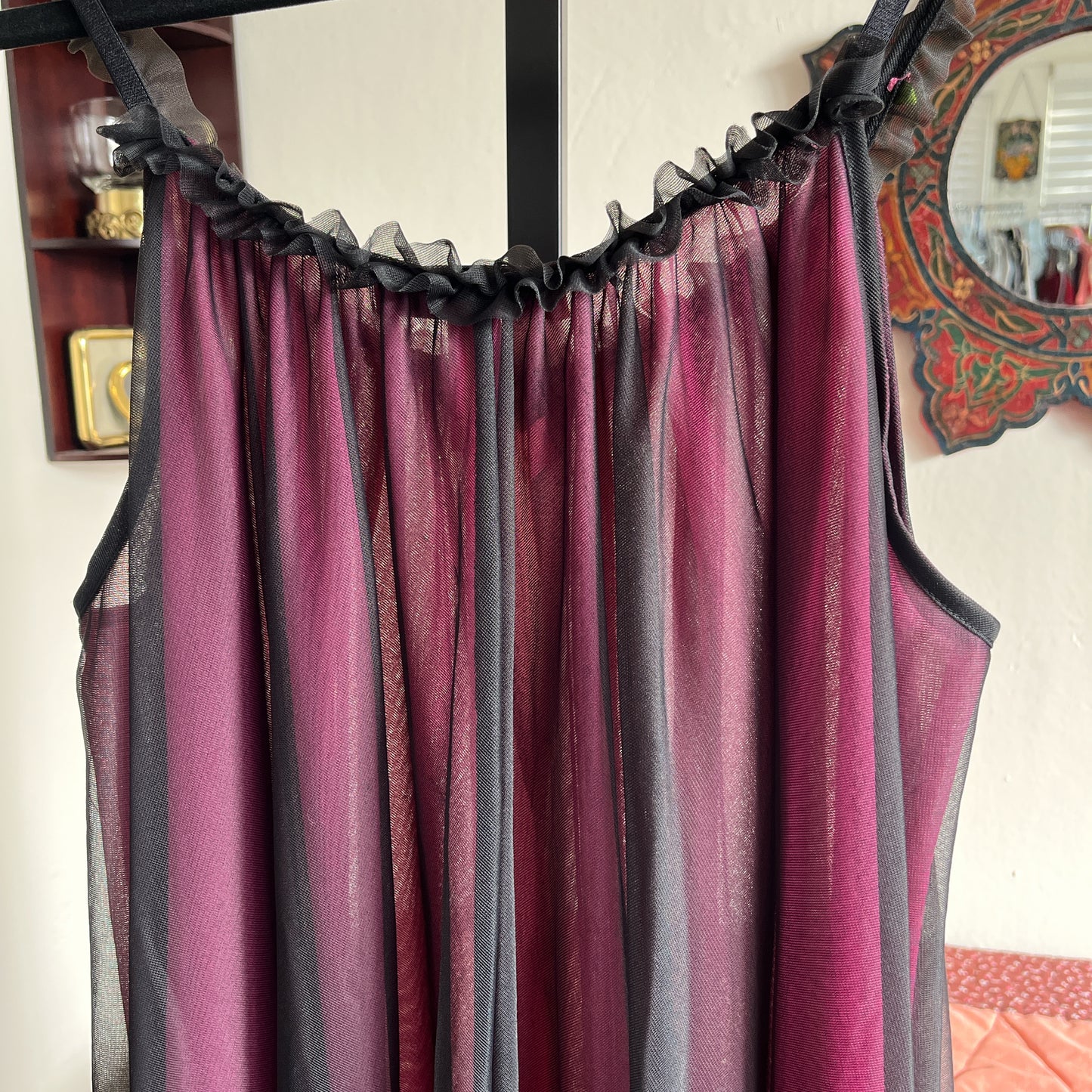 Vintage Betsey Johnson Hot Pink Rose and Black Ruffle Trim Nylon Slip Dress Ⓜ⃝