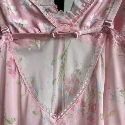 Victoria Secret Pink Floral Babydoll Slip Dress w Ribbon Lace and Ruffle Trim ⓧⓢ