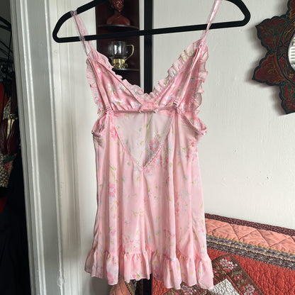 Victoria Secret Pink Floral Babydoll Slip Dress w Ribbon Lace and Ruffle Trim ⓧⓢ