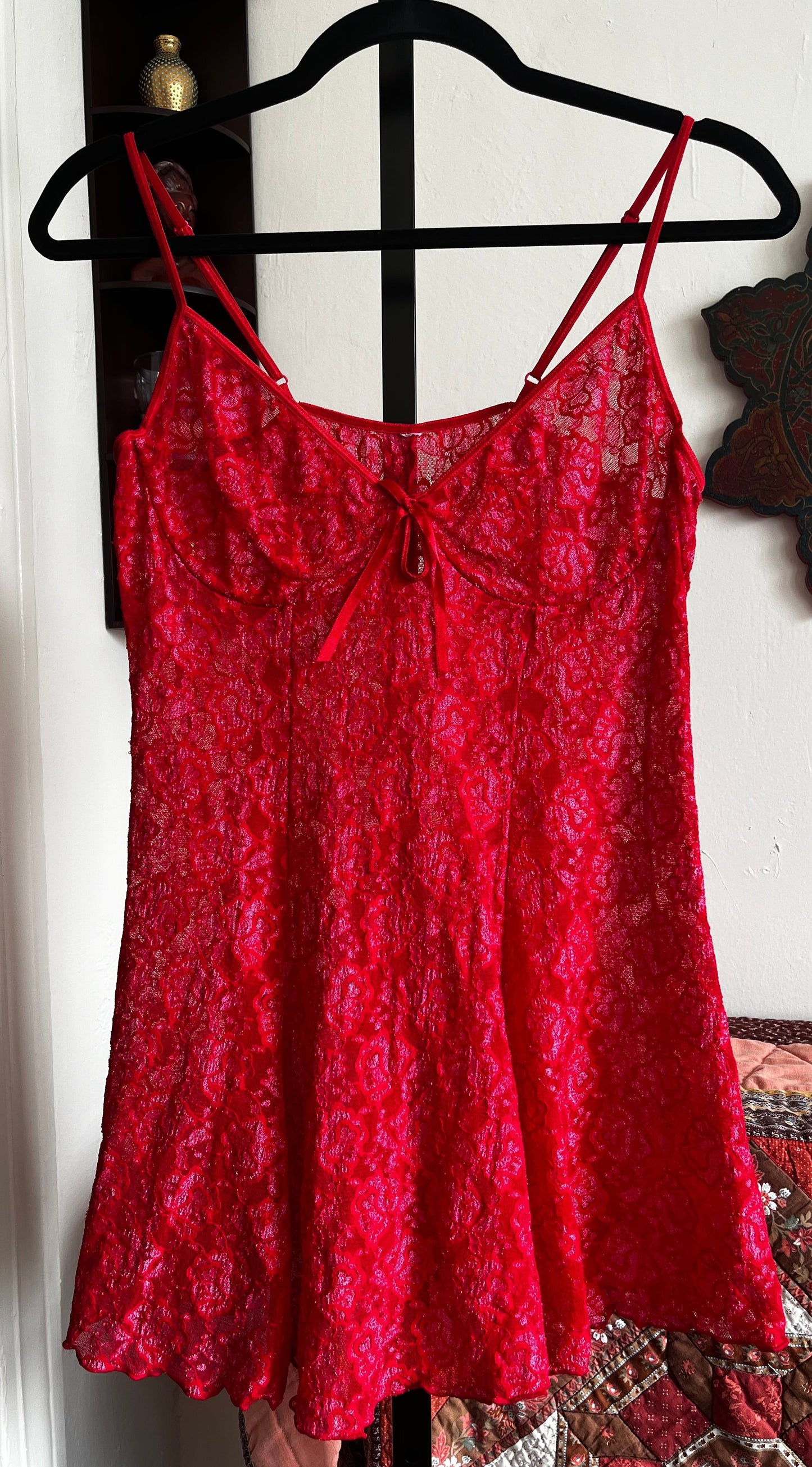 Modern Mini Red and Pink Semi-Sheer Stretch Slip Dress ⓢ