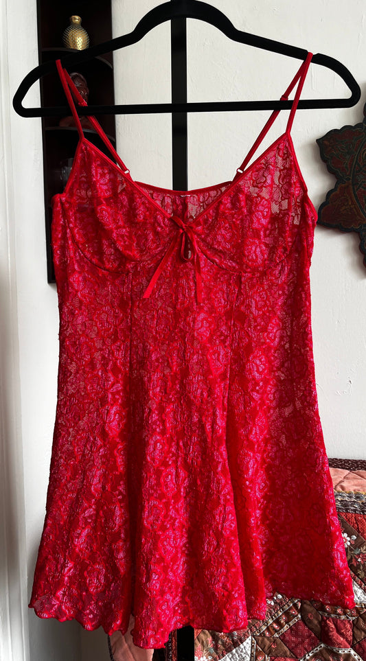 Modern Mini Red and Pink Semi-Sheer Stretch Slip Dress ⓢ