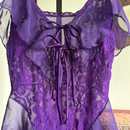 Vintage Shirley Purple Lace and Chiffon Stretch Leotard Bodysuit w Two Satin Ribbon Ties Ⓜ⃝