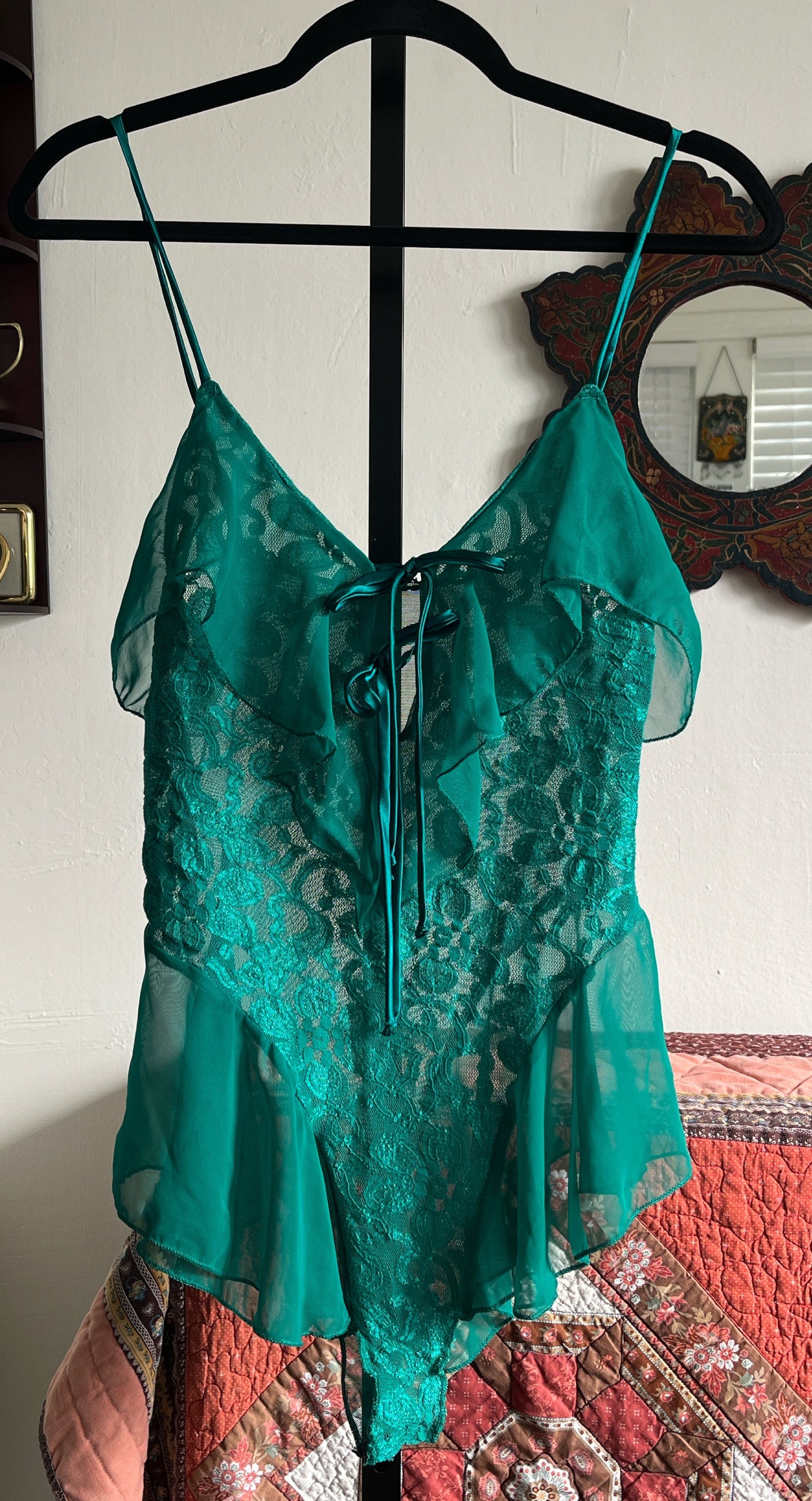 Vintage Shirley Green Lace and Chiffon Stretch Leotard Bodysuit w Two Satin Ribbon Ties Ⓜ⃝