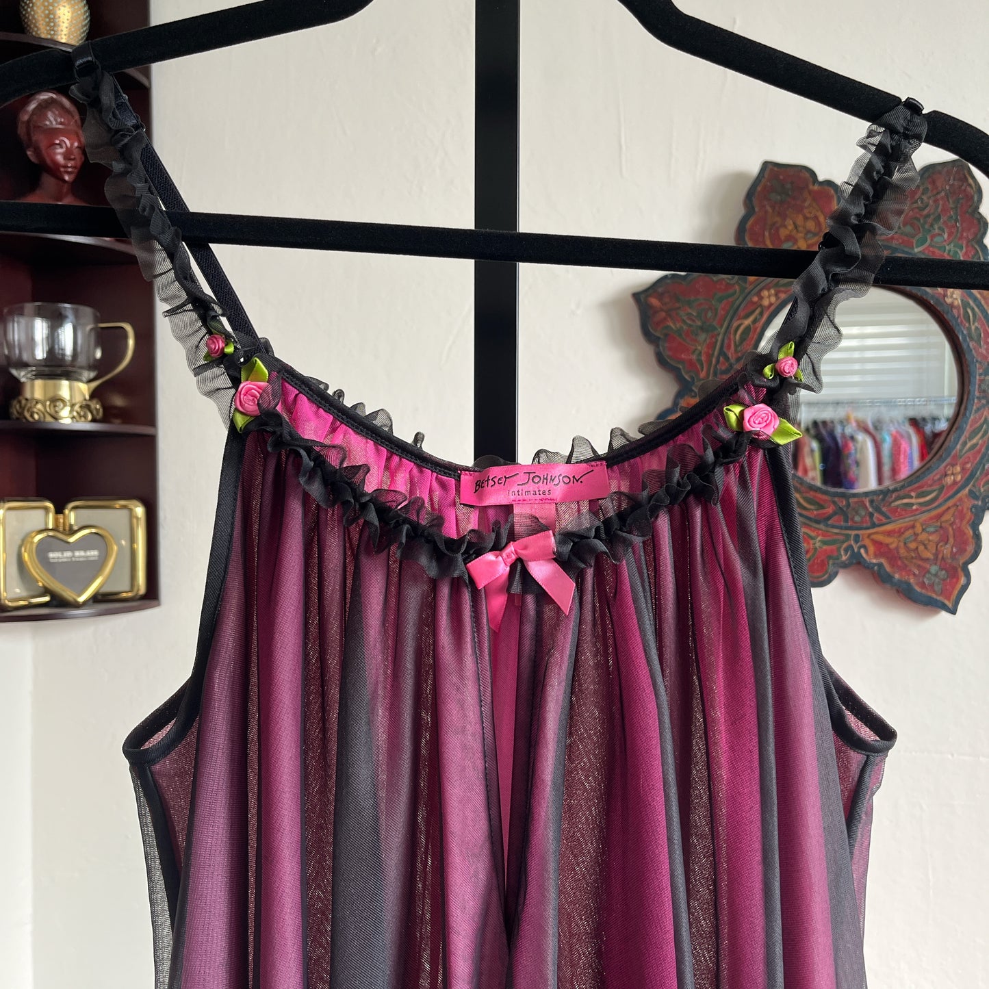 Vintage Betsey Johnson Hot Pink Rose and Black Ruffle Trim Nylon Slip Dress Ⓜ⃝
