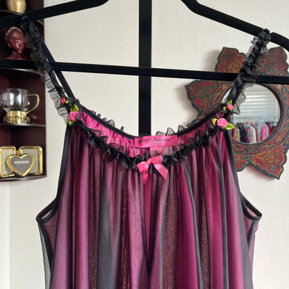 Vintage Betsey Johnson Hot Pink Rose and Black Ruffle Trim Nylon Slip Dress Ⓜ⃝
