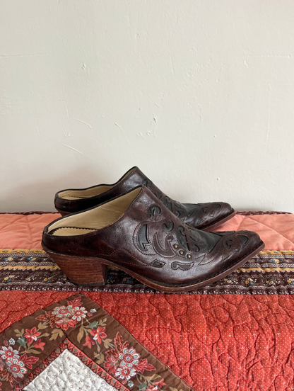 Vintage Coral Brown and Black Leather Cuban Heel Pointed Mules | Size 7