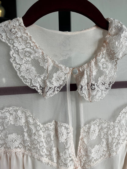 Vintage Light Pink Semi-Sheer Nylon Maxi Dress w Dainty Lace Collar Ⓜ⃝