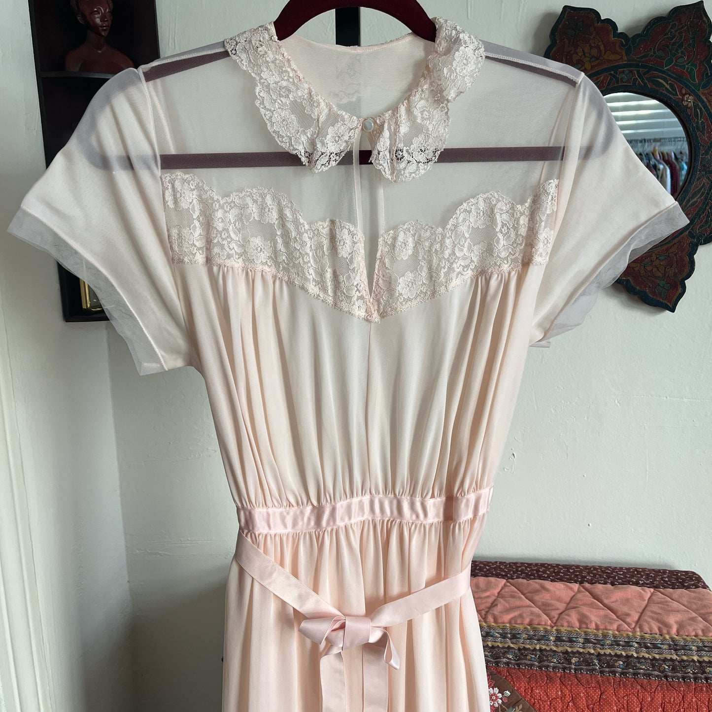 Vintage Light Pink Semi-Sheer Nylon Maxi Dress w Dainty Lace Collar Ⓜ⃝