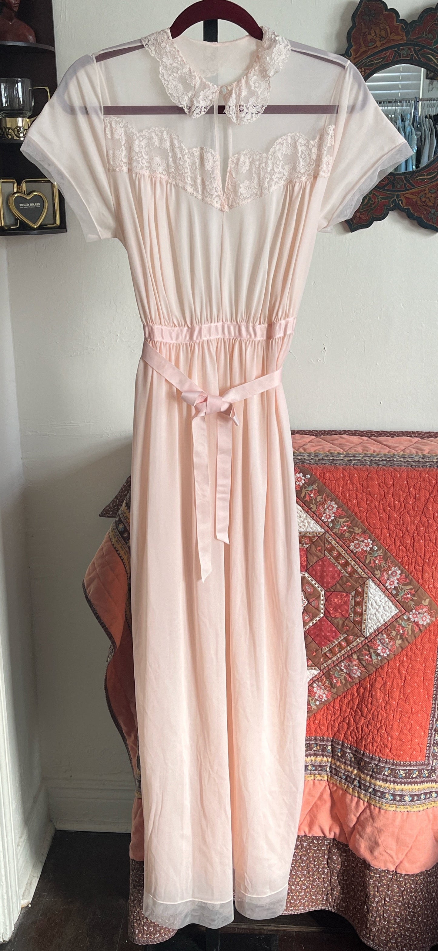 Vintage Light Pink Semi-Sheer Nylon Maxi Dress w Dainty Lace Collar Ⓜ⃝