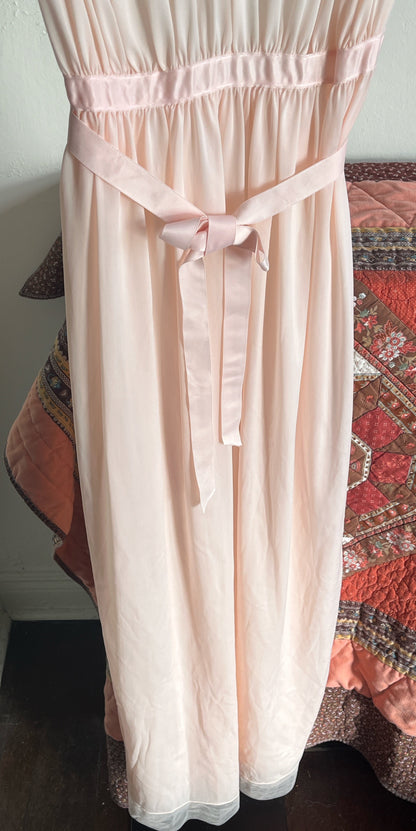 Vintage Light Pink Semi-Sheer Nylon Maxi Dress w Dainty Lace Collar Ⓜ⃝